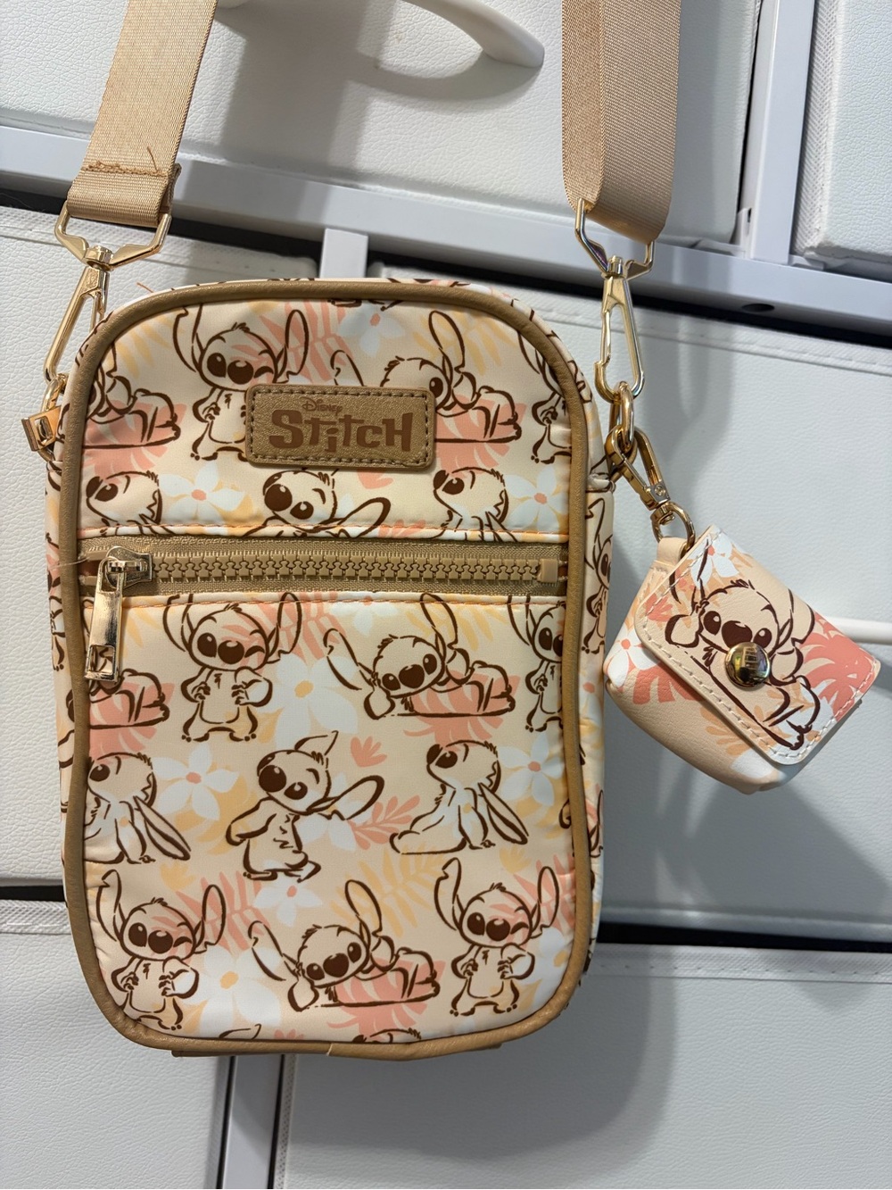 Disney Stitch Crossbody Bag w/ Matching AirPods Case | Beige Tropical Print